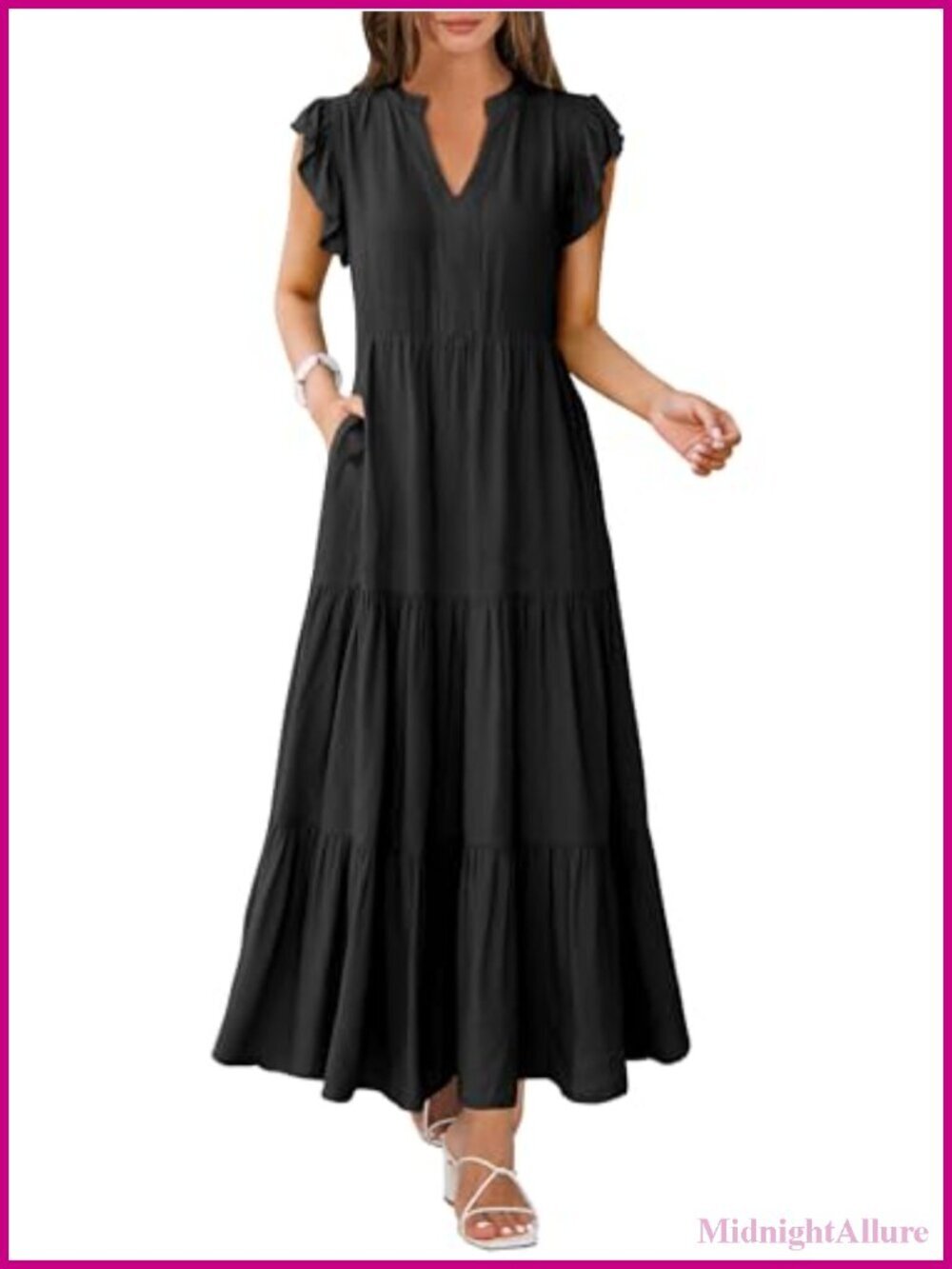 Women's Summer Casual Maxi Dress V Neck Ruffle Sleeve Flowy Boho Tiered Beach